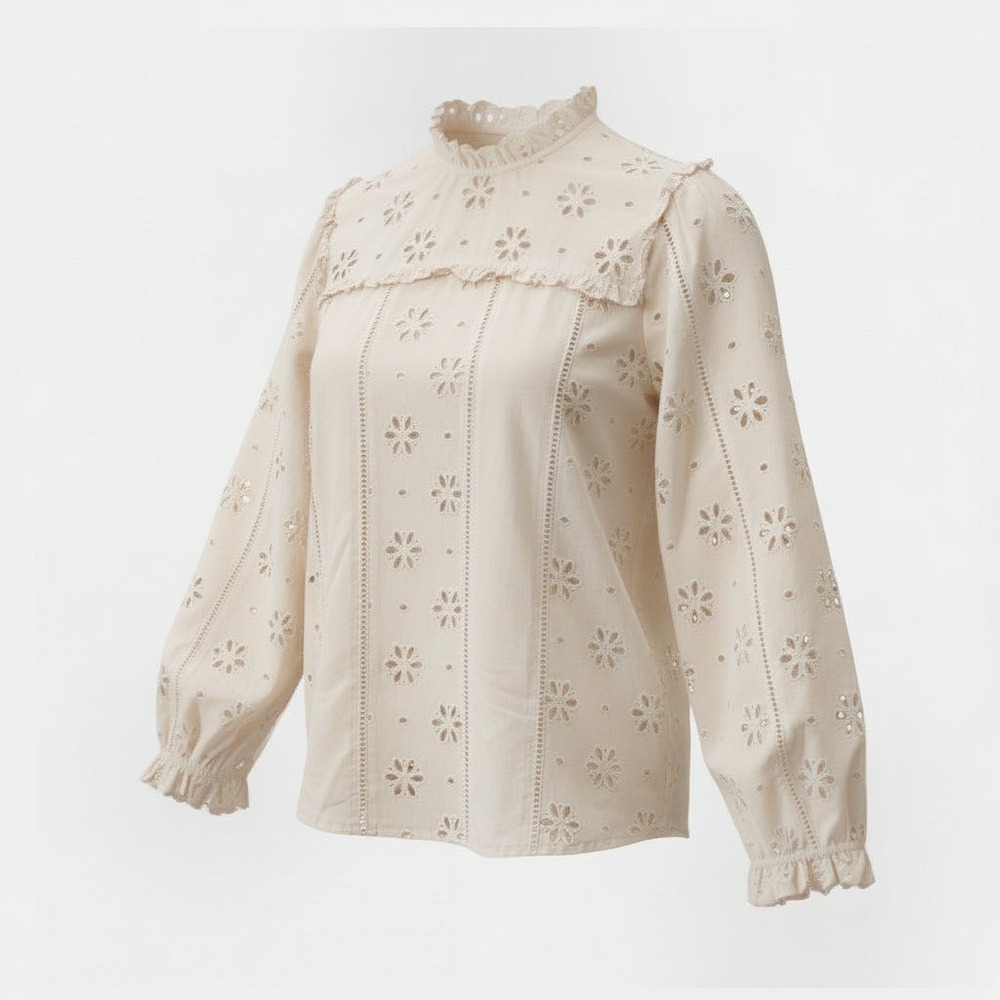 J.Crew White Floral Eyelet Embroidery Ruffle Neck Long Sleeve Blouse Medium